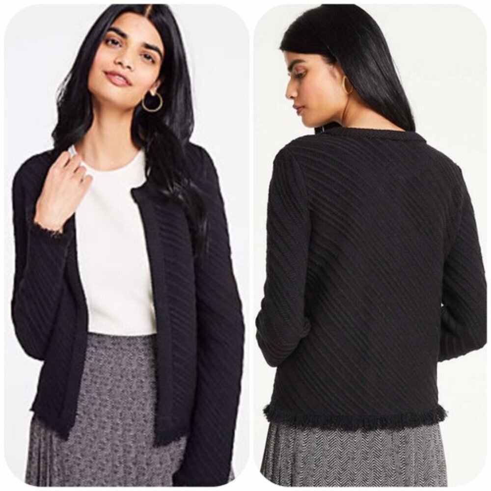 Ann Taylor Black “NEW” Black Stitched Fringe Preppy Cardigan Sweater Size SP